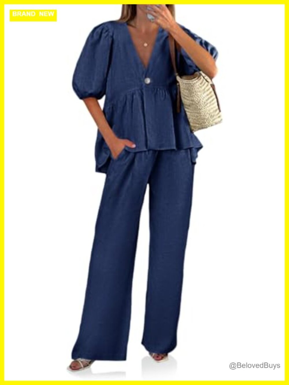 Womens 2 Piece Cotton Linen Lounge Set Puff Sleeve V Neck Wide Leg Pants